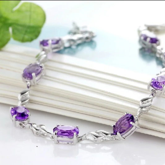 925 Sterling Silver Purple Crystal Amethyst Bracelet for Women