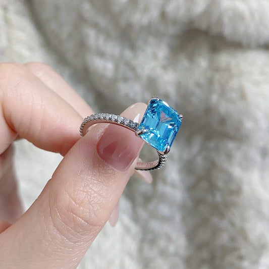 Aquamarine Emerald Cut Ring in 925 Sterling Silver