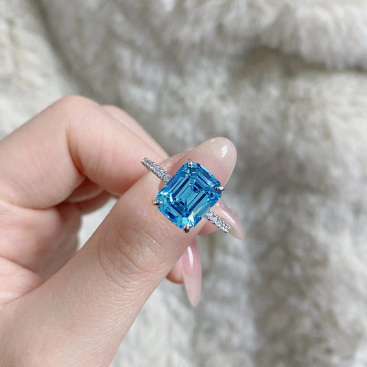 Aquamarine Emerald Cut Ring in 925 Sterling Silver